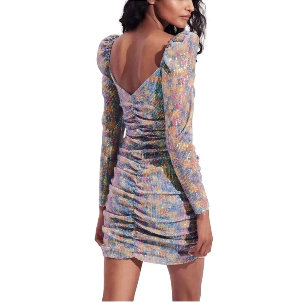 NEW Saylor Lawrence Floral Long Sleeve Sequin Ruched Mini Dress LARGE